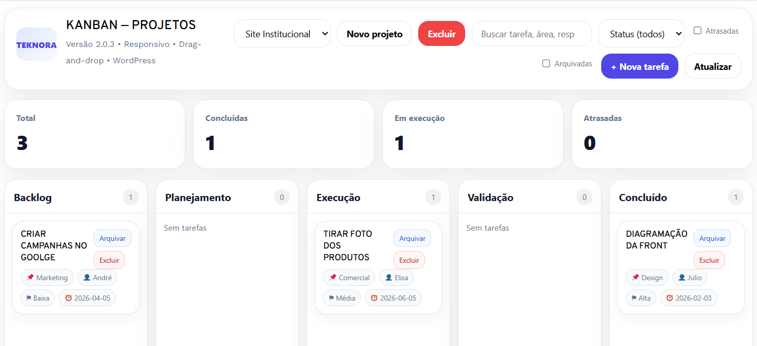 Tela principal do Teknora Kanban