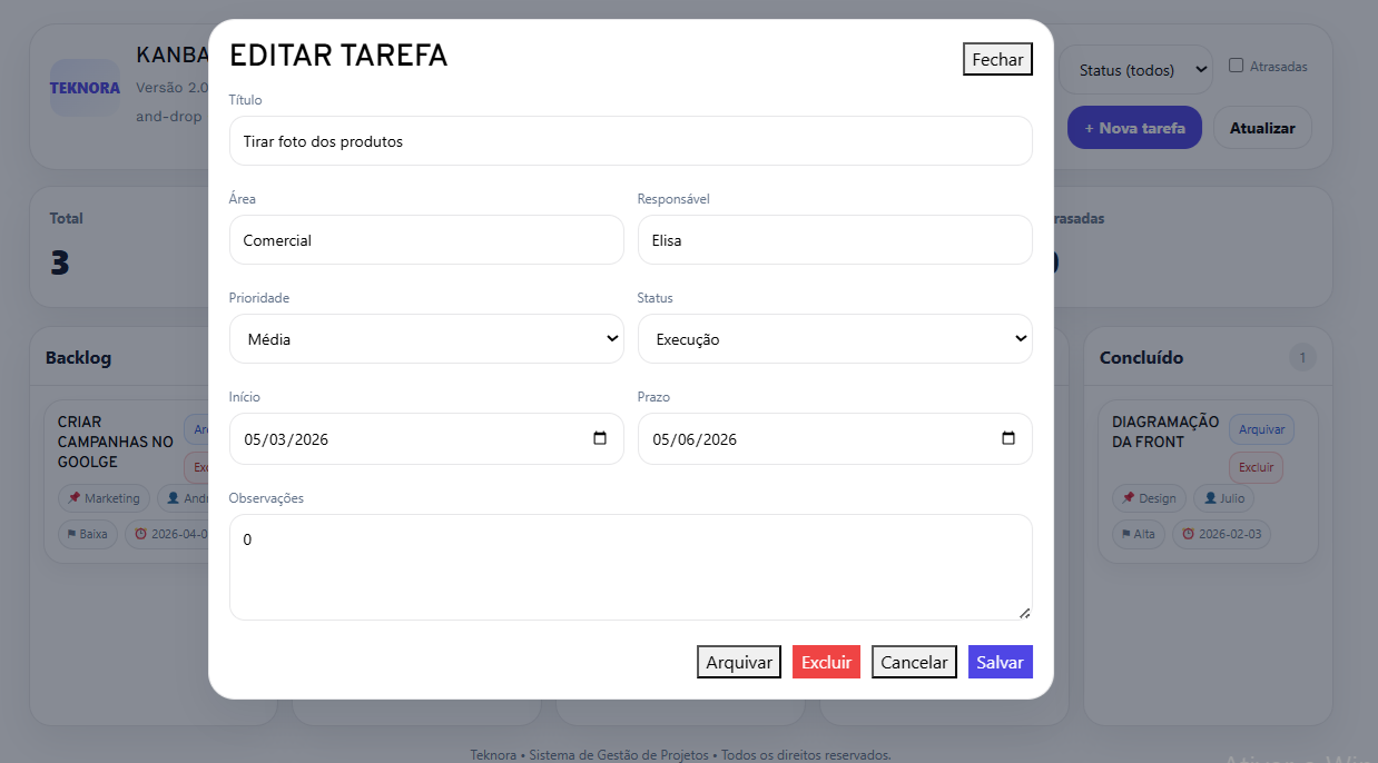 Detalhes de tarefas no Teknora Kanban
